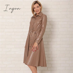 Ingvn - Winter Casual Sashes Pu Leather A-Line Dresses Women Turn-down Collar Long Sleeve Solid Color Knee Dress Office Lady Wear
