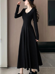 Women's Solid Maxi Dress Casual Korean Chic Long Sleeve U-Neck Slim Fit A-Line Autumn Sexy Prom Robe Vestidos Mujer New Clothes