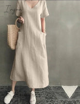Ingvn - Women Long Maxi Summer Dress Casual Cotton Linen Ladies Big Pockets Beach Party Robe Femme Vestidos Plus Size 5XL