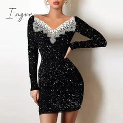 Ingvn - Spring Off Shoulder Splicing Lace Dress Sexy Slim-Fit Bright Silk Bag Hip Black Dress Fashion Elegant Women New Mini Party Dress