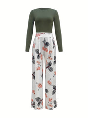 Chic Womens Two-Piece Set - Soft Solid Top with Flowing Floral Pants - Casual Wide Leg Outfit for Everyday Style