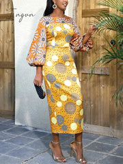 Ingvn - African Women Sun Flower Printed Long Dresses O Neck Lantern Sleeve High Waist Sheath Gowns 4XL for Wedding Guest Church Outfits