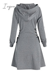 Ingvn - Casual Women Long Sleeve Autumn Dress Drawstring Lace Up Mini Hoodie Dress Vestidos Femme Gothic Fashion Dress Streetwear