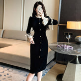 Elegant Party Lace Patchwork Velvet Midi Dresses for Women Casual Fashion Black Long Sleeve Luxurious Evening Female Clothing