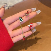 Moving Santa Claus Tassel Dangle Earrings For Women Christmas Tree Snowflake Asymmetric Long Chain Earring New Year Jewelry Gift