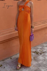 Sexy Solid Backless Pleated Oblique Collar Pleated Dresses