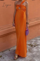 Sexy Solid Backless Pleated Oblique Collar Pleated Dresses