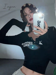 Ingvn - Retro Graffiti Print Elastic T Shirt Women Sexy Slim Crop Top Ribbed Long Sleeve O-neck Tops Grunge Tee Ladies Y2K streetwear