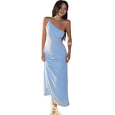 Simple Biased Collar Maxi Dress Women Sleeveless Backless Solid Summer Vacation Classic Beach Party Temperament Vestidos