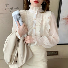 Ingvn - Woman Chic Long Sleeve Stand Collar Blouses Women Casual Loose White Tops Korean Lace Ruffles Elegant Chiffon Shirt Blusas