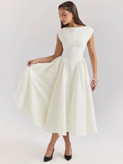 White Backless A-line Sexy Maxi Dress For Women Gown Solid Hollow Out Sleeveless High Waist Club Pleated Dress Elegant