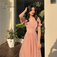 Ingvn - New Summer Mesh Dress Female V-neck Short Puff Sleeve A-line Women Dress Slim Korean Style Mesh Elegant Vintage Vestidos