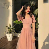 Ingvn - 2023 Summer Mesh Dress Women Puff Sleeve V-neck A-line Slim Korean Style Mesh Retro DressElegant Vintage Vestidos Female News