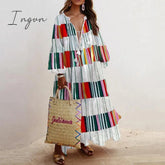 Ingvn - V-neck Long Sleeve Print Long Loose Dress