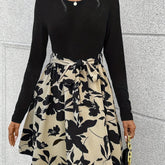 Round Neck Solid Color Long Sleeved T-shirt Paired With Lace Up Printed Mid Length Pleated Skirt, Women's Dress
