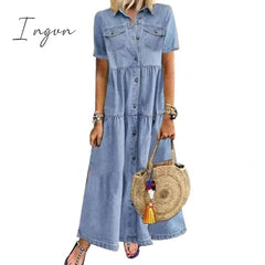 Ingvn - Plus Size 3xl Women Summer Denim Dress Retro Women Short Sleeve Turn Down Collar Pockets Button Long Loose Denim Dress