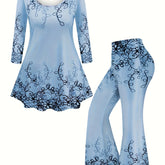 Plus Size Womens Fashion Plant Print T-Shirt & Flare Pants Set - Casual Comfort-Fit Outfit, Round Neck Long Sleeve Top with Trendy Flare Leg Bottoms for Stylish Seasonal Wear