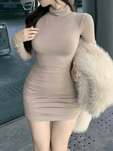 Ingvn - Korean Style Basic Solid Bodycon Dress Elegant Fashion Turtleneck Long Sleeve Mini Dresses For Women Autumn Winter