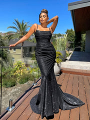 Glitter Sequin Slip Sleeveless Backless Maxi Dress, Slim Elegant Ruffled Cocktail Party Guest Evening Gown Mermaid Dress, Women's Clothing