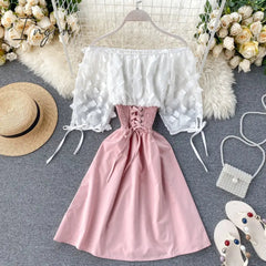 Ingvn - New Fashion Sexy Off Shoulder patchwork Summer Short Dress Party flower chiffon Slim waist lace up Women casual A-Line beach dress