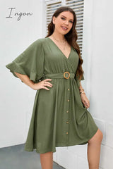 Ingvn - Plus Size Surplice Neck Half Sleeve Dress