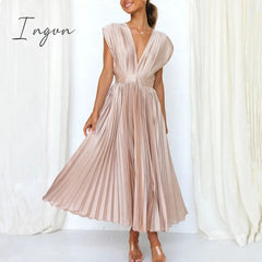 Ingvn - Spring Summer Sexy Women Dress Elegant Fashion Sleeveless V Neck Hollow Out Back Big Hem Pleated Dress