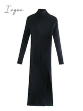 Ingvn - Dress Women Long Sleeves High-Neck Elastic Midi Dress Fashion Elegant Chic Lady Knit Sweater Dresses Women robe femme