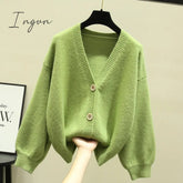 Ingvn - Oversized Cardigan Women Spring Casual Solid V Neck Long Sleeve Cardigan Sweater Female Knit Jacket Coat Green Pink