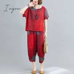 Ingvn - Thin Soft Cotton Linen Loose Women Clothes Set Tops Harem Pants Two Piece Casual Set Vintage Plaid Lady Summer Fashion Set Suits