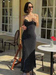 Fashion Polka Dot Print Maxi Dress Women Bandage Backless v-Neck Mesh Elegant Simple Temperament Casual Street Vestidos