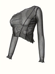 Mesmerizing Mesh Crop Top - Long Sleeve, Semi-Sheer, Breathable, Casual Summer & Spring Essential - Womens Fashion Clothing