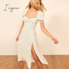 Ingvn - Women Summer Vintage Party Dress Lady France Style Puff Sleeve Floral Print Square Collar Side Split Midi Dress Vestido New
