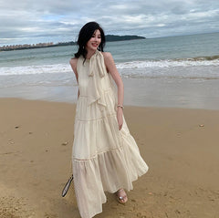 Elegant Chic Striped Chiffon Midi Dresses for Women Summer Beach Sleeveless Openwork Patchwork Bow Loose Casual Female Clothing