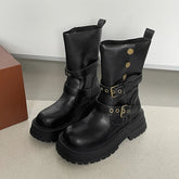 Ingvn Vintage Black Women Western Cowgirl Boots Fashion Belt Buckle Knight Mid Calf Booties Ladies Elegant Thick Heels Botas Mujer
