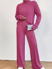 Solid Ribbed Two-piece Set, Casual Mock Neck T-shirt & Wide Leg Pants Outfits, Women's Clothing