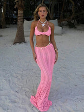 Knit Flower Lace-up Skirt Two Pieces Sets For Women Patchwork Pink Crop Tops And Slim Fit Long Skirt Two Pieces Sets