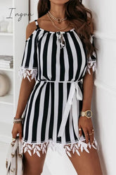 Elegant Striped Print Bandage O Neck A Line Short Sleeve Dress
