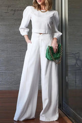 Ingvn - Elegant Solid Pocket O Neck Long Sleeve Two Pieces