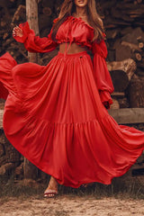 Ingvn - Sexy Vacation Solid Frenulum Off the Shoulder Long Sleeve Two Pieces(4 Colors)