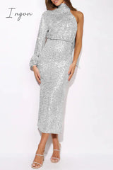 Ingvn - Elegant Formal Solid Sequins Slit Halter Evening Dress Dresses(6 Colors)