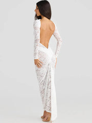 Lace Backless Sexy Maxi Dress For Women Gown Fashion Solid O Neck Long Sleeve Ruched Bodycon Club Long Dress Vestido