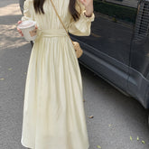 New Style High-end Long-Sleeved Dress with Exposed Shoulders and Waist for Women, Slimming A-line Dress