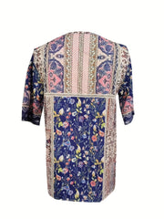 Vibrant Spring/Summer Women's Pleated V-Neck T-Shirt - Casual Short Sleeve, All-Over Print Top for Everyday Elegance
