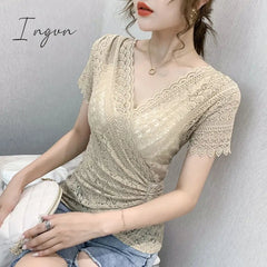 Ingvn - 5XL Women lace tops New Arrivals Summer short sleeve v-neck women blouse shirt Sexy Hollow out lace tops plus size blusas