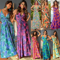 Spring and Summer Fashion Women's Amazon New Style Suspender V-neck Printed Temperament Elegant A-line Long Dress