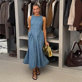 Trendy Women's Summer Denim Dresses Backless Sleevess Long O-Neck Dress Female Vintage Washed Blue Casual Daily Beach Streetwear