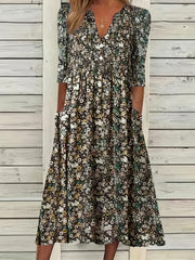 Vibrant Ditsy Floral V-Neck Dress - Comfy Ruched Design with Handy Pockets - Perfect for Summer Casual Outings, Women’s Fashion