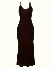 Alluring V Neck Spaghetti Strap Backless Dress - Seamless Solid Bodycon for Night Out - Fashionable Womens Clubbing Gown