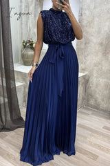 Ingvn - Elegant Solid Sequins Frenulum Fold Half A Turtleneck Evening Dress Dresses