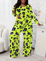 Plus Size Casual Pajamas Set, Women's Plus Leopard Print Long Sleeve Round Neck Tee & Pants Home Wear 2 Piece Set